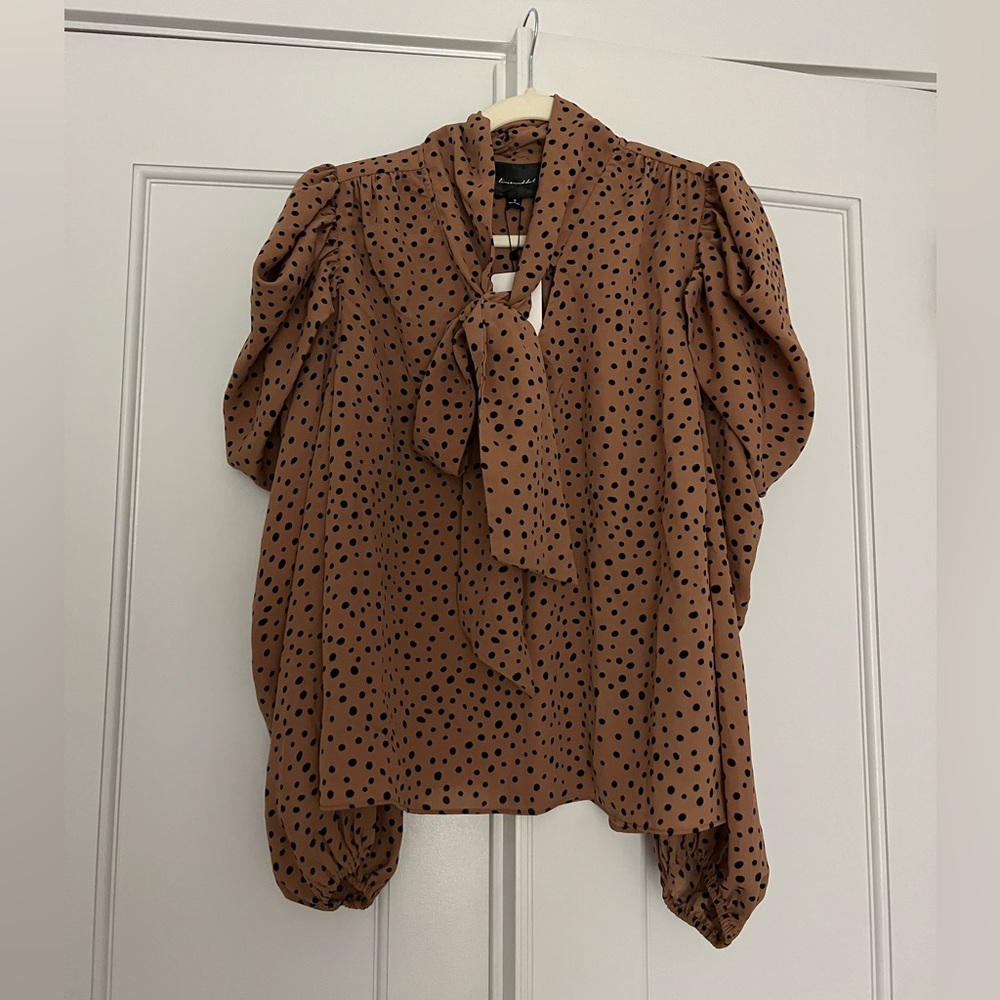 Polka Dot Tie-Neck Puff Sleeve Blouse - Brown
